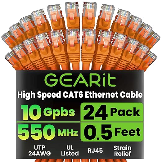 GEARit Cat 6 Ethernet Patch Cables 0.5 ft Orange (Cat 6 Ethernet Cables 0.5 ft 24-Pack), High Speed 24AWG 10Gbps RJ45 Snagless Gold-Plated, Ethernet Cable for Router, Switch, PC, PS5 Gaming, Server