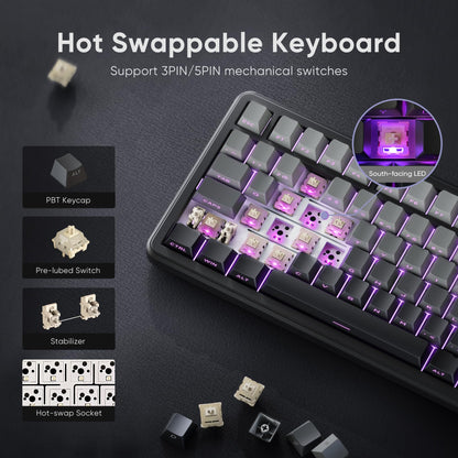 RedThunder K75 Wireless Mechanical Gaming Keyboard with Knob, 75% Layout Creamy Keyboard with Side RGB Light, Pre‑lubed Linear Switches, Side‑engraved PBT Keycaps, Wireless Wired BT 5.0, Gradient Gray