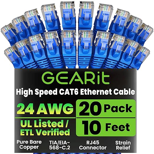 GEARit Cat 6 Ethernet Patch Cable 10 ft Blue (20 Pack) - Cat6 Patch Cables 10ft Blue/Ethernet Patch Cable, 10Gbps 550MHz 24AWG Pure Copper, Snagless, Gold Plated RJ45 for Router, Server, Router, PC