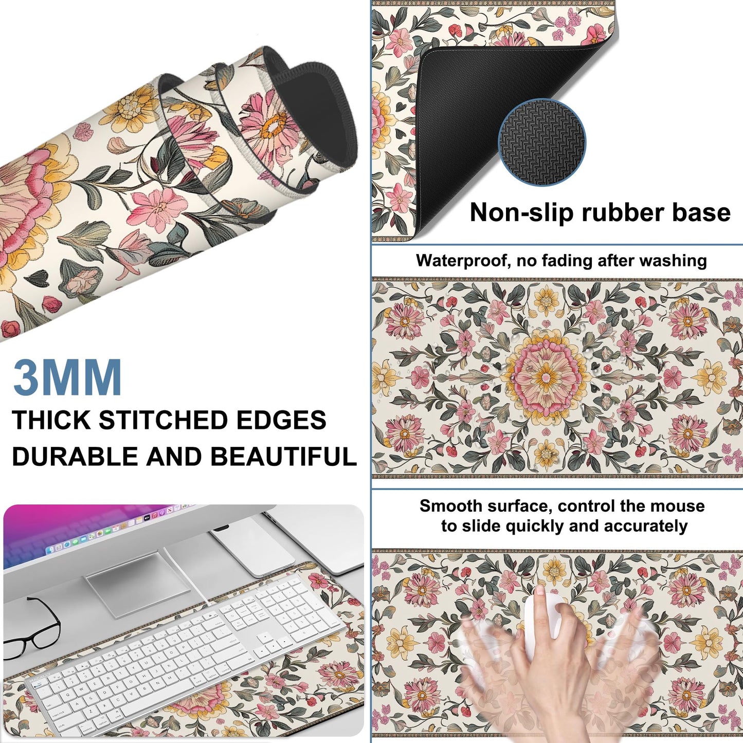 NITAHHHY Elegant Carpet Gaming Mouse Pad 3mm Thick Stitched Edge Waterproof Non-Slip Large Computer Keyboard Mouse Mat,Suitable for Office Entertainment Decorative Desk Pad 35.4 x 15.7 Inches
