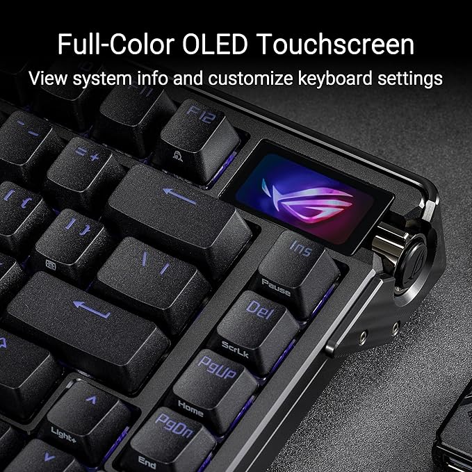 ROG Azoth Extreme 75 Custom Gaming Keyboard, Aluminum Chassis, Carbon Fiber Positioning Plate, Adjustable Gasket Mount, Three-Layer Dampening, Color OLED Touchscreen, ROG NX Snow Switches, PBT Keycaps