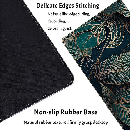 Desk Pad, Green Gold Palm Leaves Extended Gaming Mouse Pad Cute Large Desk Mat, Non-Slip Rubber Base Mousepad with Stitched Edges, Keyboard Mouse Mat Desk Pad for Game Office Home 31.5x15.75 in