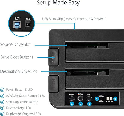 StarTech.com Standalone Hard Drive Duplicator, External Dual Bay HDD/SSD Cloner/Copier, USB to SATA III Docking Station