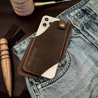 TobbinGear Leather Cell Phone Holster with Belt Clip, Universal Phone Holster for Men Belt Holder, Leather Case for iPhone, Samsung Galaxy Phones, Dark Brown, Large