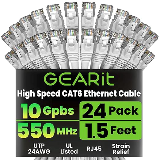 GEARit Cat 6 Ethernet Patch Cables 1.5 ft White (Cat 6 Ethernet Cables 1.5 ft 24-Pack), High Speed 24AWG 10Gbps RJ45 Snagless Gold-Plated, Ethernet Cable for Router, Switch, PC, PS5 Gaming, Server