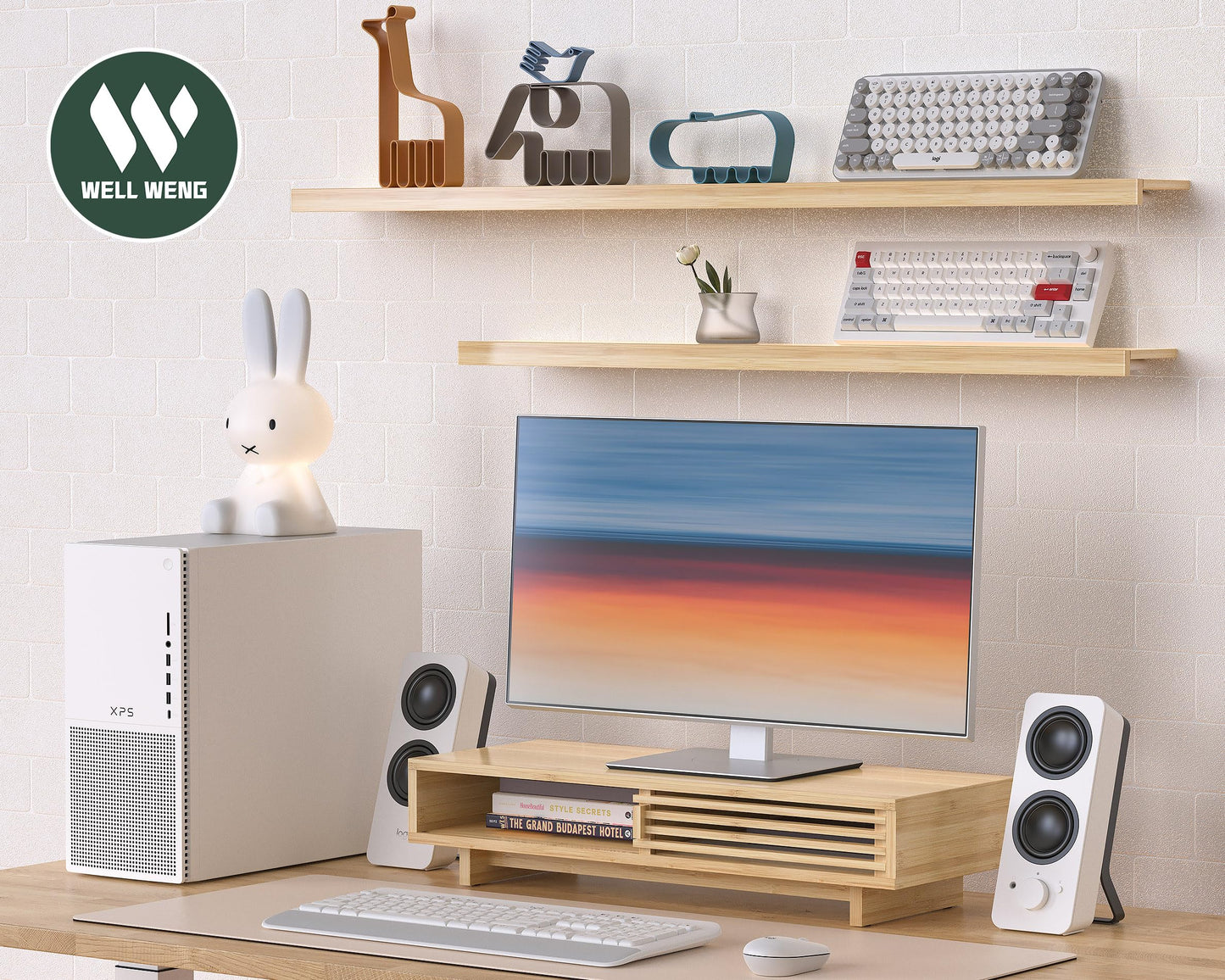 WELL WENG 25" Monitor Stand with Sliding Doors Desk Shelf Bamboo