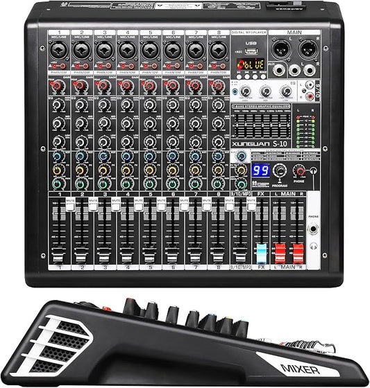 S-10 Audio Mixer 10 channel 8 channel Professional DJ Mixing Console with Reverb MP3 Player Bluetooth 48V Phantom Power Supply USB Recording for Studio Karaoke Live Music