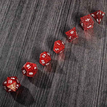 Red Metal Hollow DND Dice Set (Barbarian) Metallic Luster Maze Design with Storage Box - Balanced Weight 7 Piece Zinc Alloy, Designed for Dungeons and Dragons DM and Player RPG Accessories
