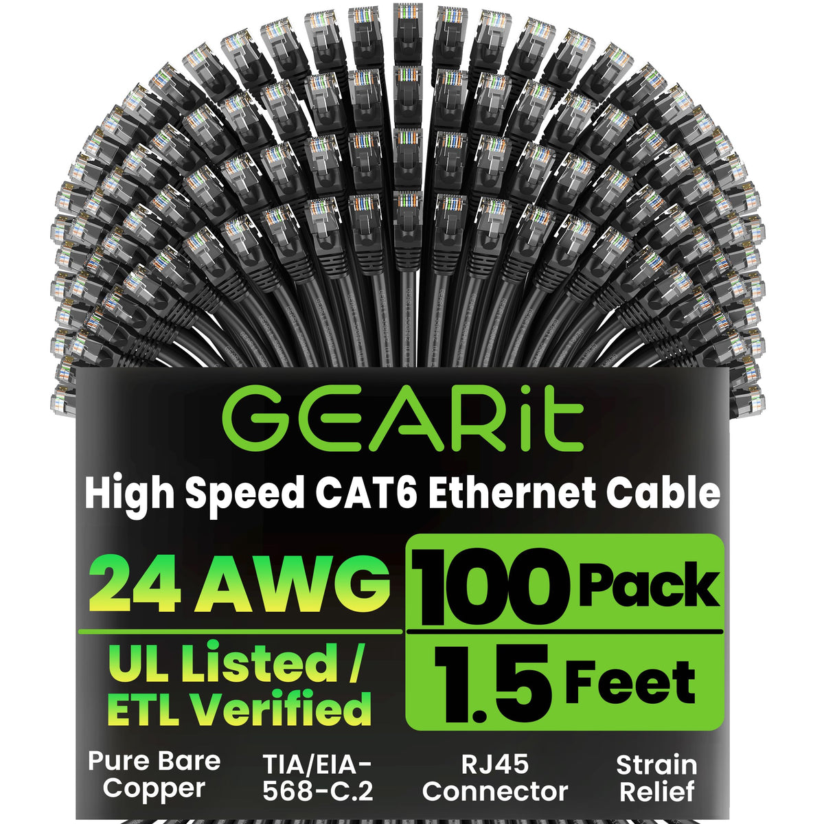 GEARit Cat6 Patch Cables Cat 6 Ethernet Cable 1.5 ft 100-Pack Black