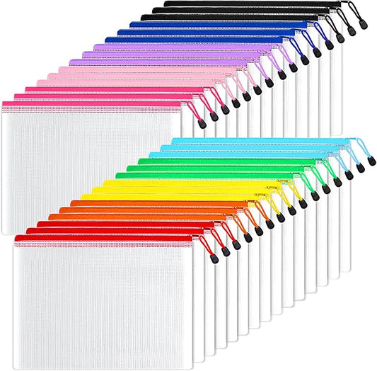 SUNEE Mesh Zipper Pouch 7.8x10.8 in (10 Colors, 30 Packs), Mesh Bags with Zipper for School Office Supplies, Puzzles & Games, Travel Accessories, Waterproof Zipper Pouches for Organizing