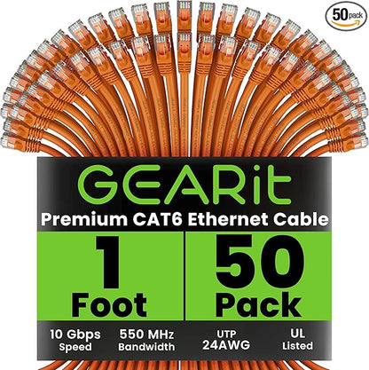 GEARit Cat 6 Ethernet Cable (50-Pack 1 Foot) Cat6 Network Patch, 10Gbps, RJ45, Snagless Cord, Gold-Plated Connectors, Internet for PC, TV, Tablet, Router, Printer, Servers, IT Data Center - Orange