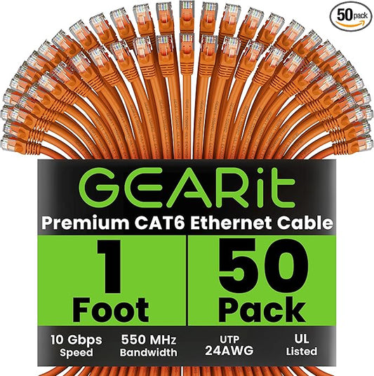 GEARit Cat 6 Ethernet Patch Cable 1 ft Orange (50 Pack) Cat6 Patch Cables 1ft Orange/Ethernet Patch Cable, 10Gbps 550MHz 24AWG Pure Copper, Snagless, Gold Plated RJ45 for Router, Server, Router, PC