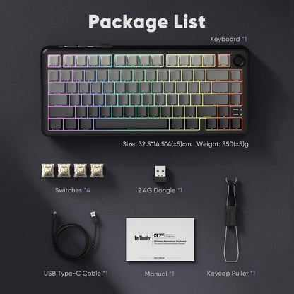 RedThunder K75 Wireless Mechanical Gaming Keyboard with Knob, 75% Layout Creamy Keyboard with Side RGB Light, Pre‑lubed Linear Switches, Side‑engraved PBT Keycaps, Wireless Wired BT 5.0, Gradient Gray
