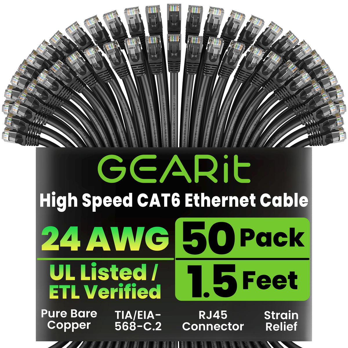 GEARit Cat6 Patch Cables Cat 6 Ethernet Cable 2 ft 50-Pack Black