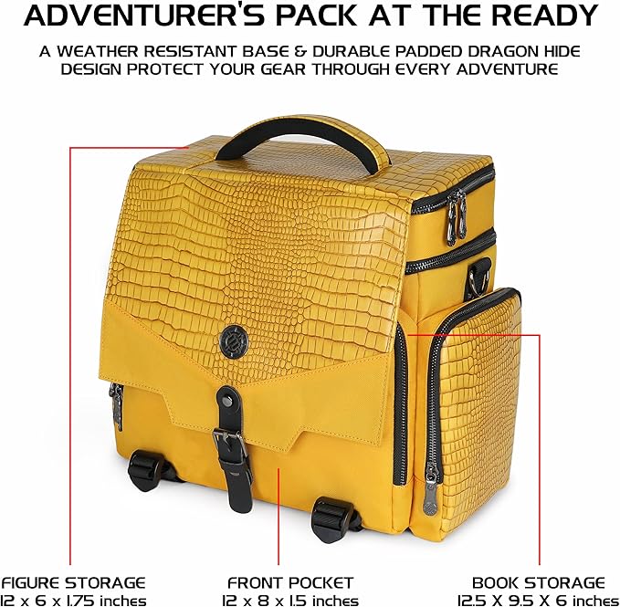 ENHANCE Collector's Edition RPG Adventurer's DnD Bag - Dragon Hide Exterior Travel RPG Bag with Tabletop Miniatures Storage Vault, Mat Holder, DnD Dice & Token Pockets, Fits 4-8 Books (Dragon Gold)