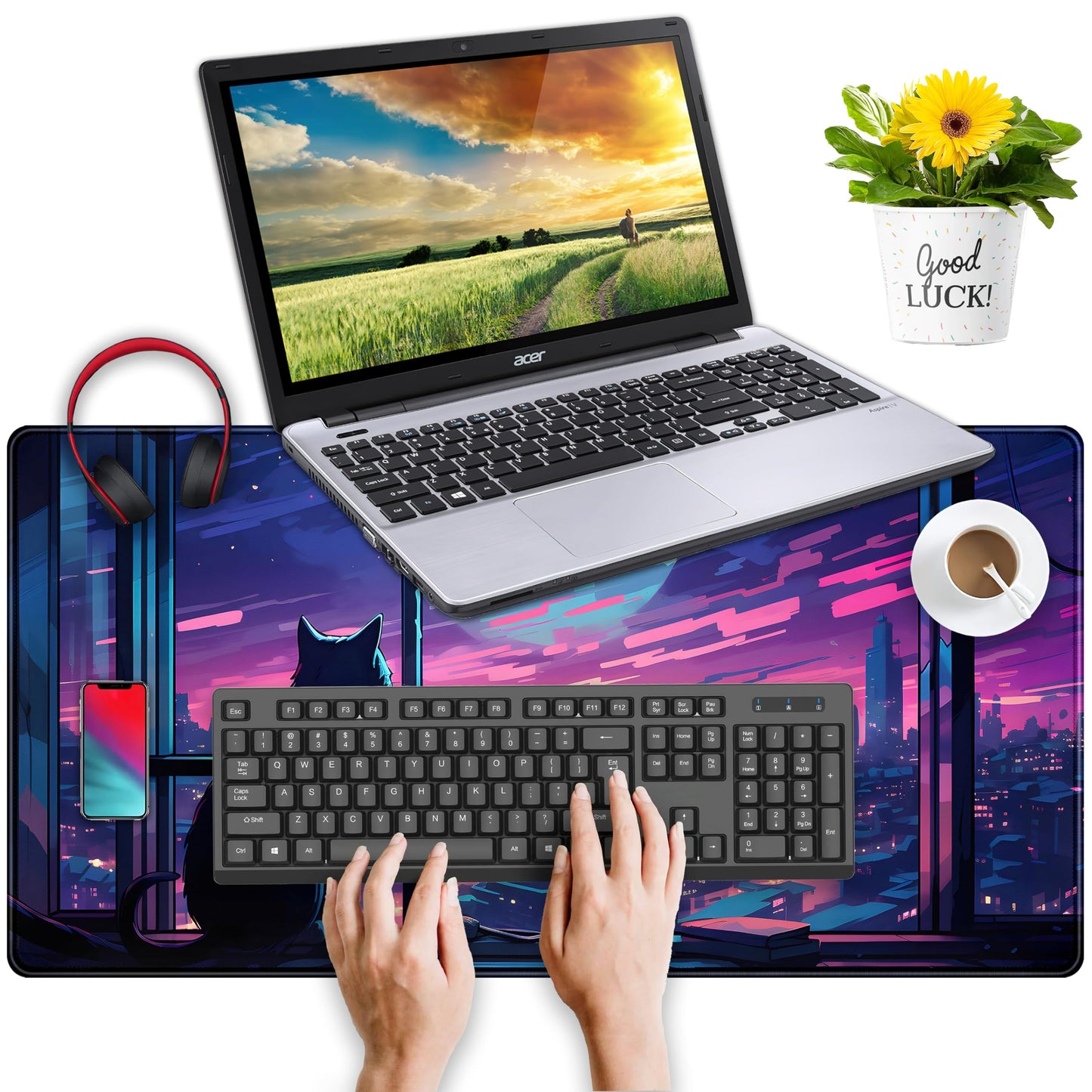 Cool Purple Kawaii Anime Moom Cat Desk Mat XXL Large Gaming Mouse Pad, Cute City Cats Desk Pad for Gamer Girl Women Office Desk Decor Mousepad, Computer Laptop Keyboard and Mouse Mat 31.5x15.75 in