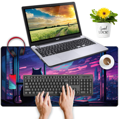 Cool Purple Kawaii Anime Moom Cat Desk Mat XXL Large Gaming Mouse Pad, Cute City Cats Desk Pad for Gamer Girl Women Office Desk Decor Mousepad, Computer Laptop Keyboard and Mouse Mat 31.5x15.75 in