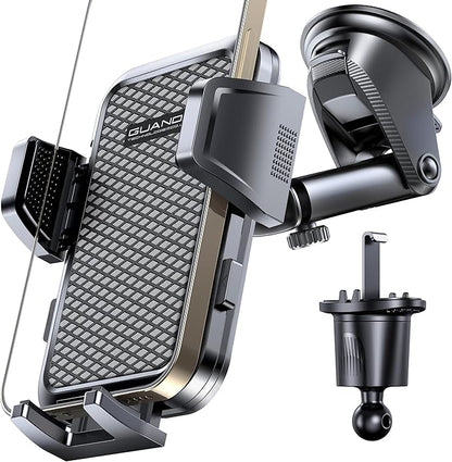 Adjustable Windshield Phone Mount for Car, Suction Cup Dashboard Holder for All Cell Phone, (+Vent Hook) [Military Grade Stable], Non-Slip Silicone Carbon Fiber, (Black)