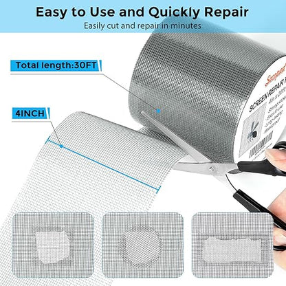 Grey Window Screen Repair Tape, 4IN X 20FT (240IN) Screen Repair Kit for Windows or Doors, Strong Adhesive Patch Kit Fiberglass Mesh Tape