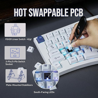 Feker Alice98 Ergonomic 98 Keys Custom Mechanical Keyboard, VIA Programmable, USB-C Wired Gaming Keyboard, Hot Swappable, 5 Layer Paddings, Control Knob, NKRO, RGB for Win/Mac (White)