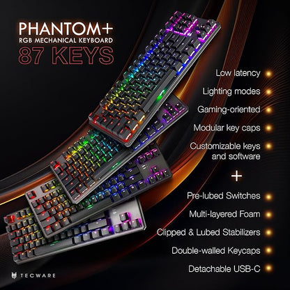 TECWARE Phantom+ 87 Key Mechanical Gaming Keyboard, RGB led, TKL 75% Keyboard, Thocky Sounding, Wraith Red Switch