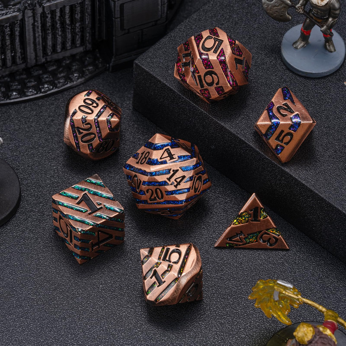 Maywin DND Dice Set Dungeons and Dragons Dice d20 Metallic Stripes Dice w/ Gift Case, Polyhedral Dice Sets Tabletop Games D&D Dice MTG Pathfinder Role Playing Game (Antique Red Copper Seven Colors)