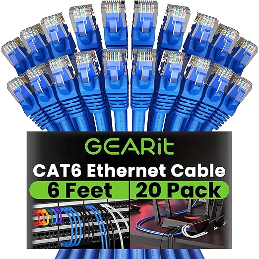 GEARit Cat 6 Ethernet Patch Cable 6 ft Blue (20 Pack) - Cat6 Patch Cables 6ft Blue/Ethernet Patch Cable, 10Gbps 550MHz 24AWG Pure Copper, Snagless, Gold Plated RJ45 for Router, Server, Router, PC