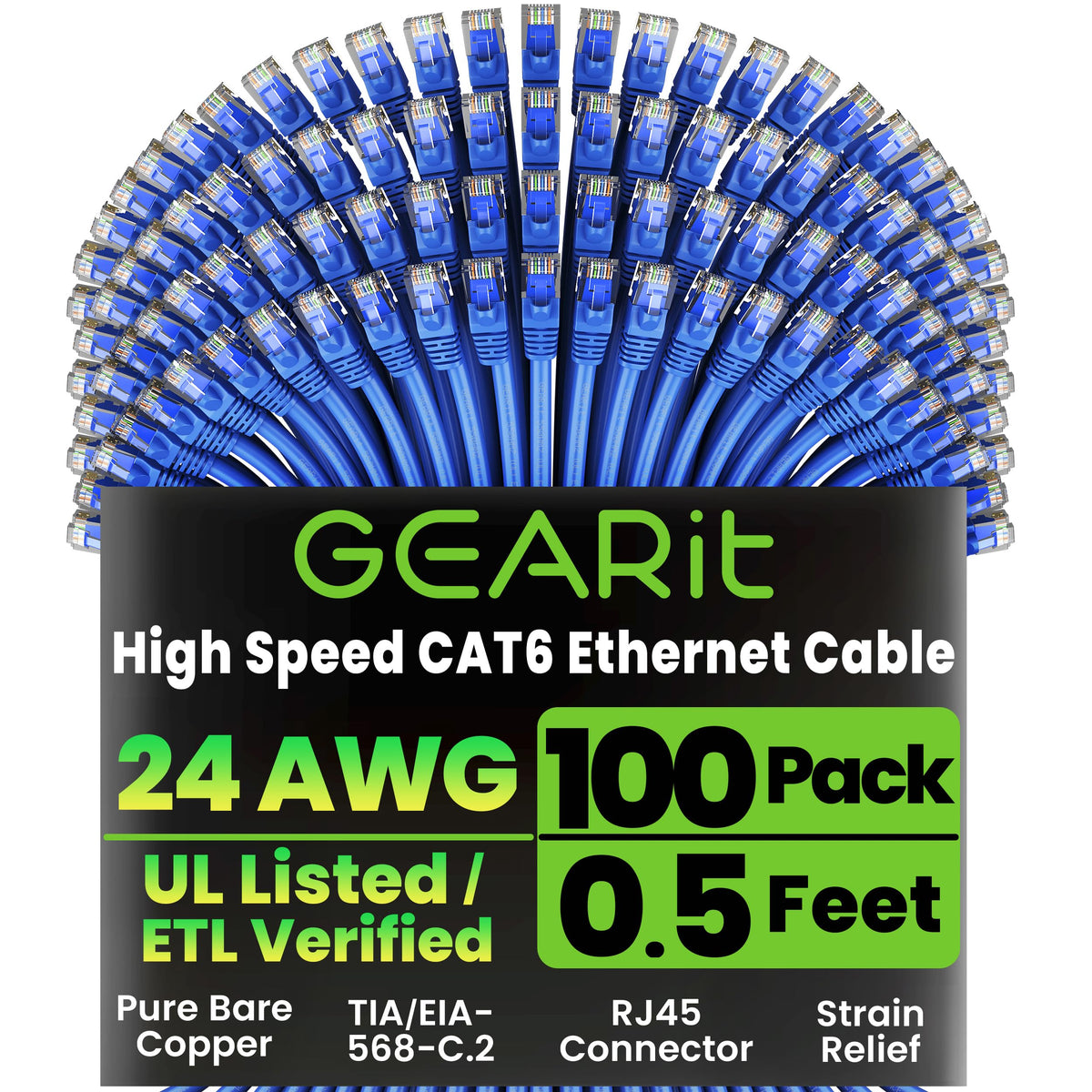 GEARit Cat6 Patch Cables Cat 6 Ethernet Cable 1.5 ft 100-Pack Black
