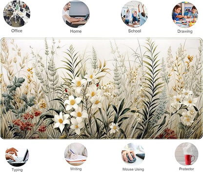 Beige Aesthetic Sage Desk Mat Cute Watercolor Flowers Mouse Pad Desk Pad, XXL Large Extended Gaming Anime Mousepad Big Keyboard Mouse Mat, Home Office Desktop Decor Deskpad for Women 31.5x15.75 in