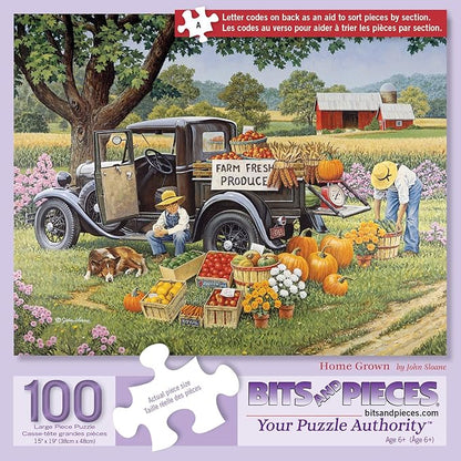Bits and Pieces – 100 Piece Jigsaw Puzzle for Adults – Home Grown - Fall On The Farm Jigsaw Puzzle by John Sloane, Completed Puzzle Size: 15" x 19"