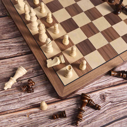 ELONGDI 15" Wooden Chess Set with Magnetic Pieces - Extra Queens - Folding Chessboard Portable Travel Tournament Chess Board Games for Adults Kids