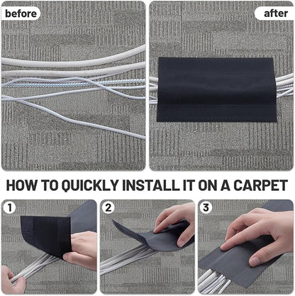 IHKFILAN Carpet Cord Cover Carpet Cable Management Under Desk Cable Grip Strip Black Hook and Loop Tape Cable Polyester Cover Protect Cables to Prevent Tripping Over Wires for Homes & Office (20ft)