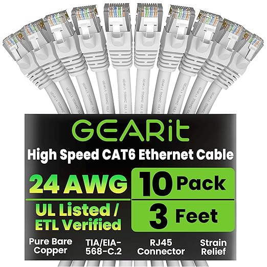 GEARit Cat 6 Ethernet Patch Cable 3 ft White (10 Pack) Cat6 Patch Cables 3ft White/Ethernet Patch Cable, 10Gbps 550MHz 24AWG Pure Copper, Snagless, Gold Plated RJ45 for Router, Server, Router, PC