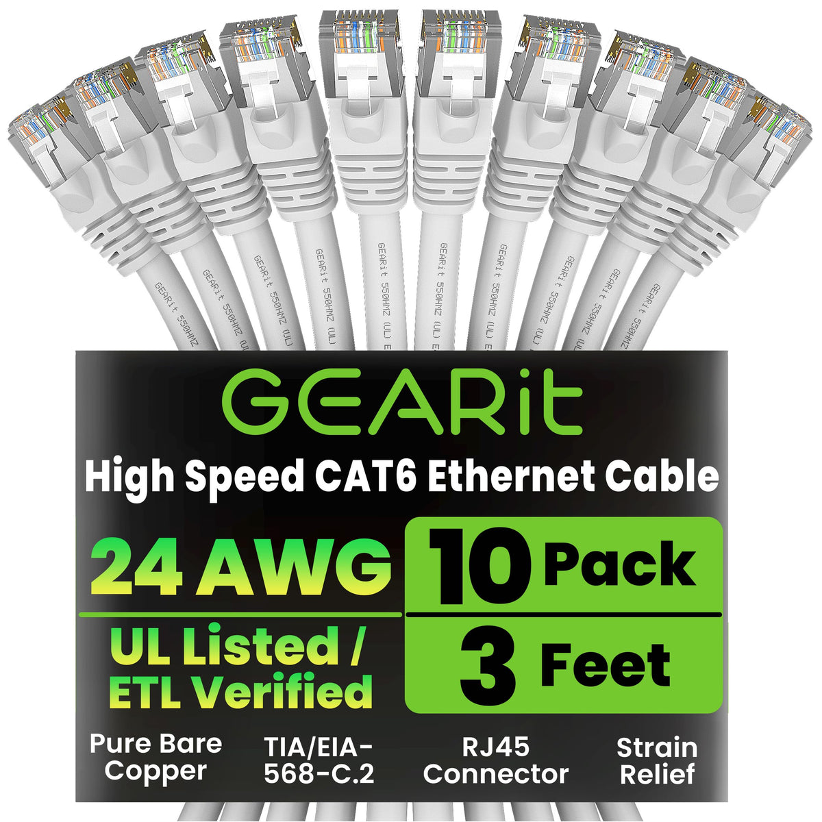 GEARit Cat6 Patch Cables Cat 6 Ethernet Cable 6 ft 10-Pack Green