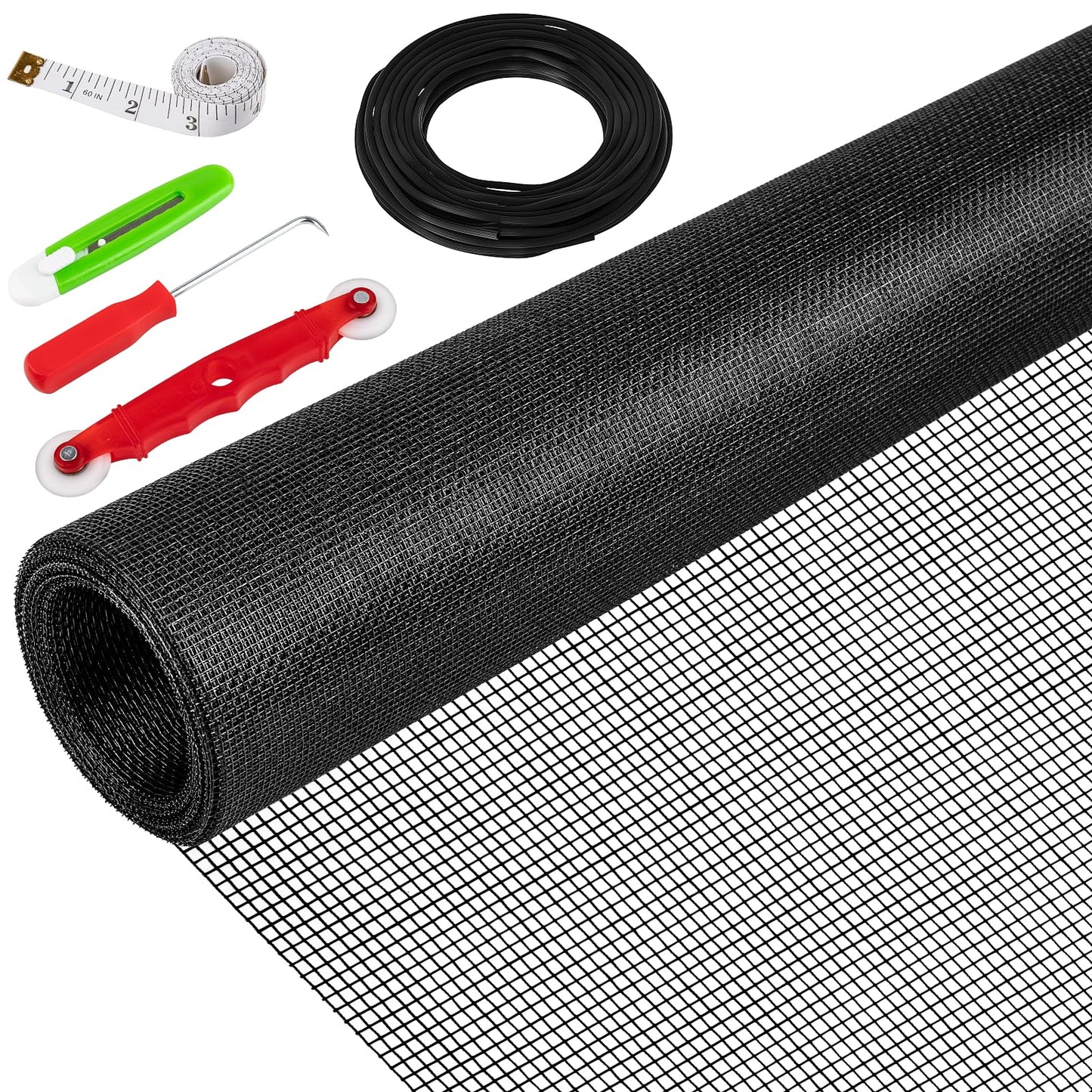 48"X236" Window Screen Replacement Kit, 6 in 1 Window Screen Door Repair Kit, Replacement Window Screens, Fiberglass Patio Screen Mesh for Porch Sliding Door, Rolling Tool Hook Spline Cutter Ruler