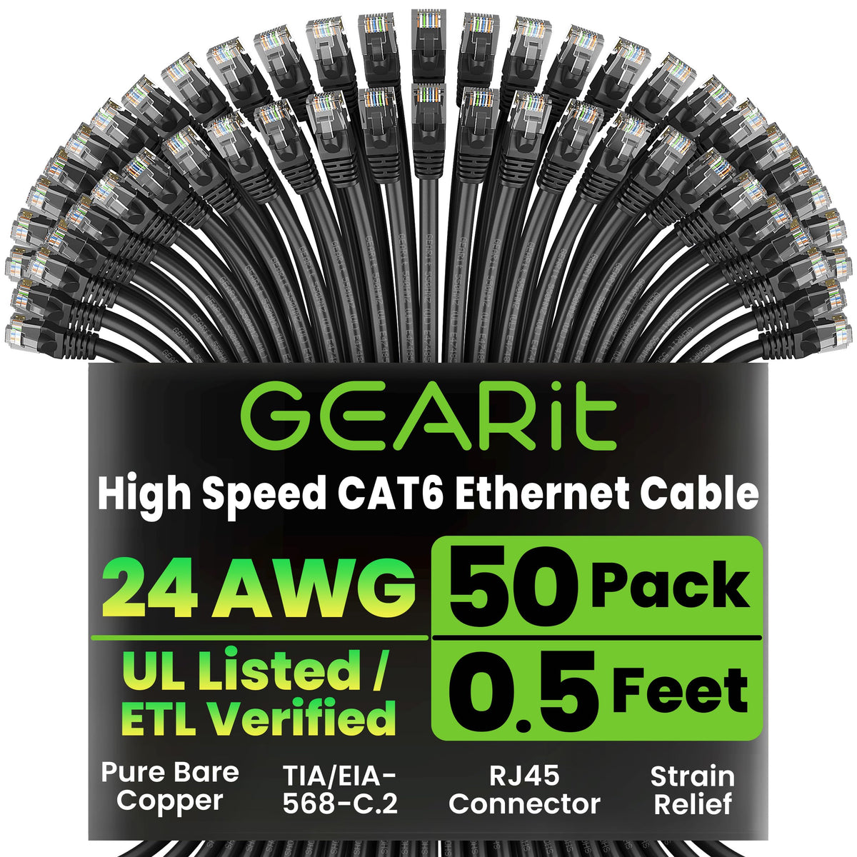 GEARit Cat6 Patch Cables Cat 6 Ethernet Cable 2 ft 50-Pack Black
