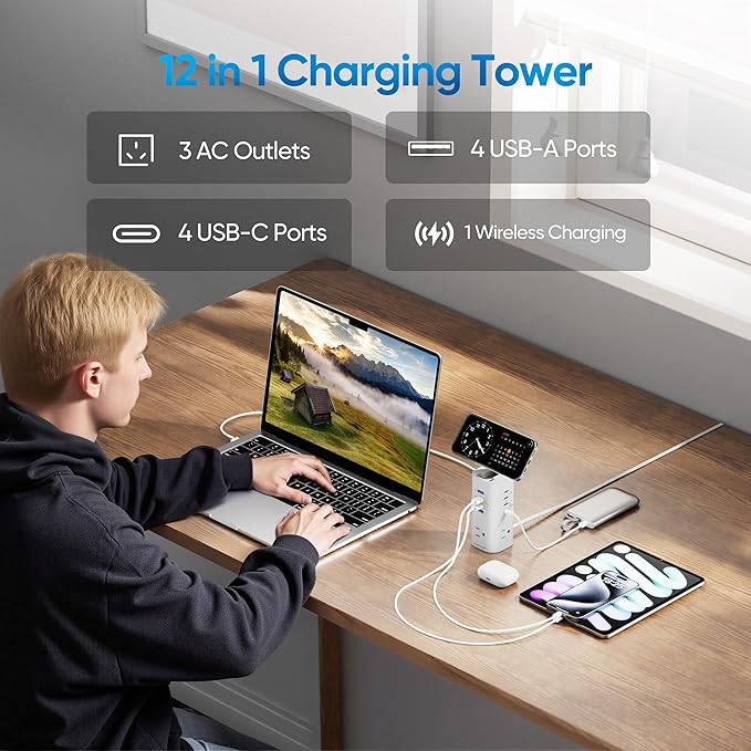 Power Strip Tower Surge Protector, TenTrend Flat Plug Extension Cord with 3AC Outlets & 8 USB Ports(4 USB-C), 115W Fast Charging Station for Home, Office Supplies, Dorm Room