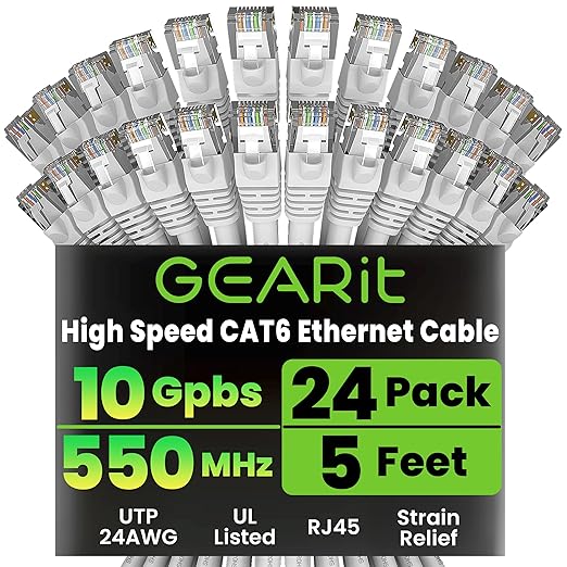 GEARit Cat 6 Ethernet Patch Cables 5 ft White (Cat 6 Ethernet Cables 5 ft 24-Pack), High Speed 24AWG 10Gbps RJ45 Snagless Gold-Plated, Ethernet Cable for Router, Switch, PC, PS5 Gaming, Server