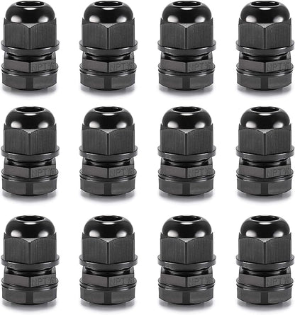 QILIPSU 12pcs 3/8" NPT Cable Gland Waterproof IP68 Nylon Cable Pass Through Cord Grip Connector Strain Relief Wire Grommet
