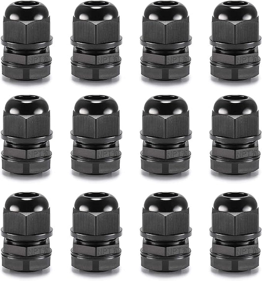QILIPSU 12pcs 3/8" NPT Cable Gland Waterproof IP68 Nylon Cable Pass Through Cord Grip Connector Strain Relief Wire Grommet