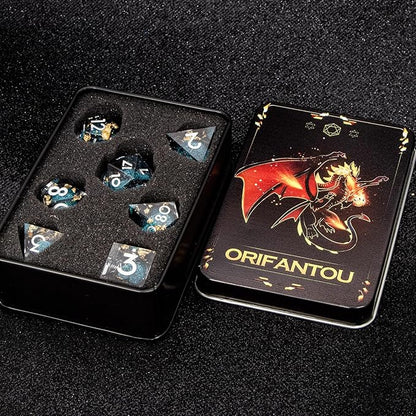 DND Dice Blue Liquid Core Dice Set with Metal Box, Handmade Sharp Edge D and D Polyhedral Dice for use with RPG D&D Role Playing Game