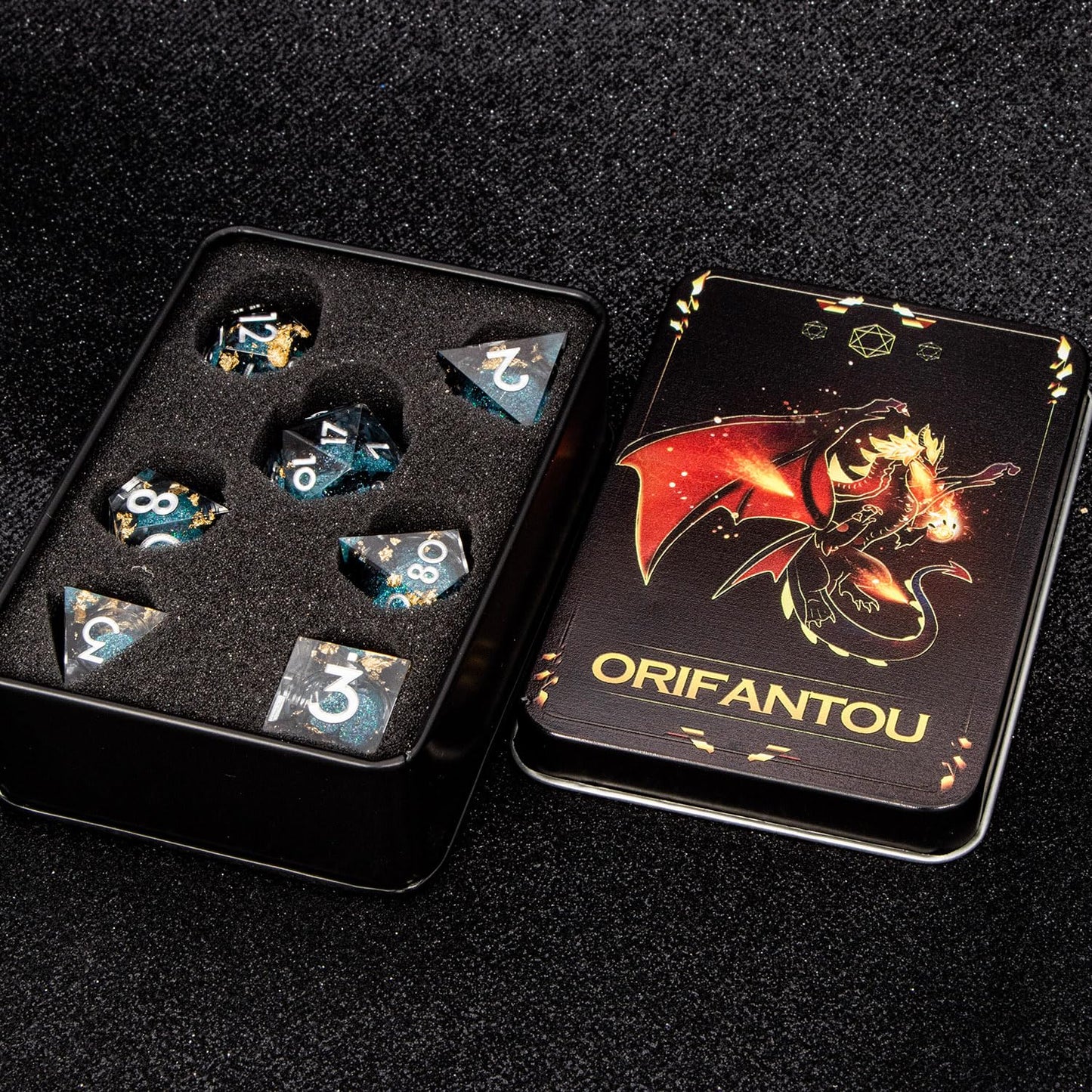 ORIFANTOU DND Dice Blue Liquid Core Dice Set with Metal Box, Handmade Sharp Edge D and D Polyhedral Dice for use with RPG D&D Role Playing Game