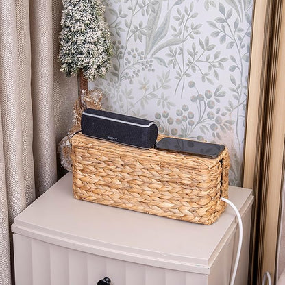 PEMAR Natural Wicker Cable Management Box, Cable Organizer, 2 Open Slots, Under Desk Cord Organizer, Cover & Hide Power Strips & Cords for TV Desk, Computer, Router, USB Hub (Natural Water Hyacinth)