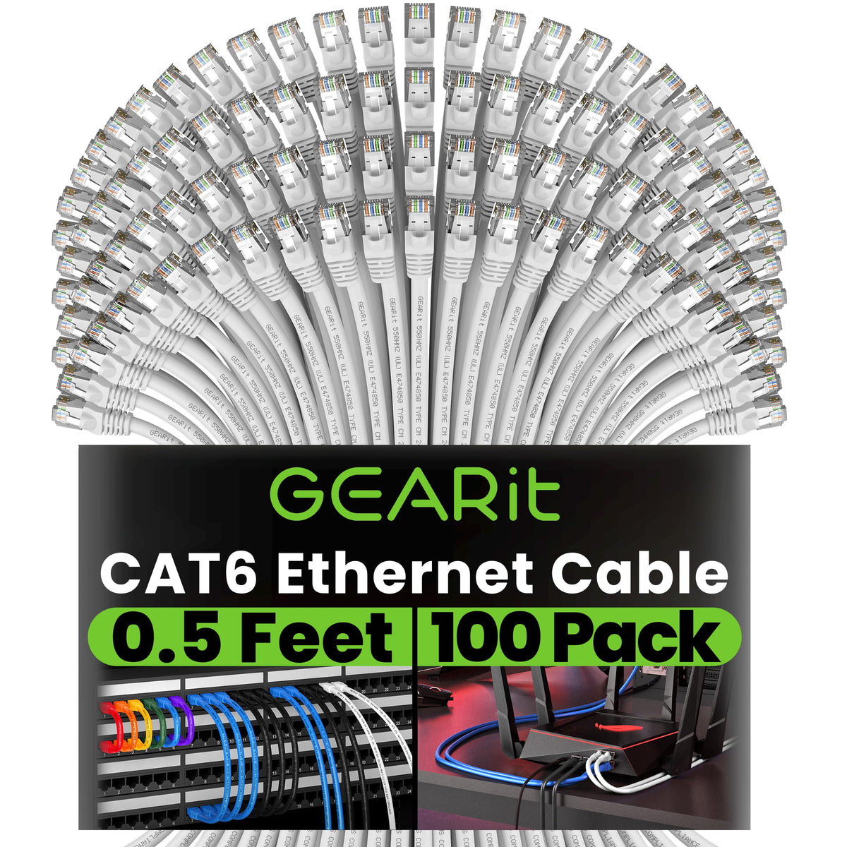 GEARit Cat6 Patch Cables Cat 6 Ethernet Cable 1.5 ft 100-Pack Black