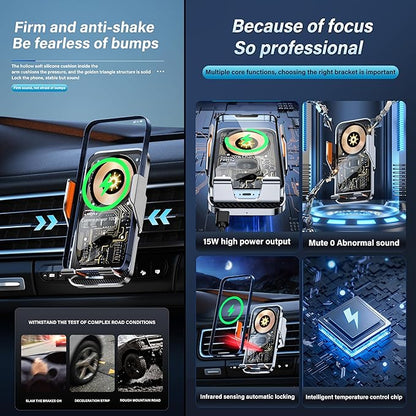 Wireless Charger Holder, Auto Clamp Vent Phone Mount - 15W Fast Charging Dual Induction Car Phone Mount with Transparent Design for iPhone 16 Pro Max 15 14 13 12 11, Sumsung S24 S23 S22 Series