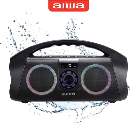 AIWA Portable Boombox - Waterproof Bluetooth Speaker, Rechargeable Wireless Boombox with Multi Color LED Lighting and Digital Display, AUX Input and Carry Handle, 15 Hour Playtime