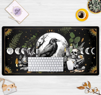 Cute Kawaii Raven Desk Mat XXL Large Extended Gaming Mouse Pad Nature Forest Gothic Mousepad with Stitched Edges, Anime Skull Laptop Keyboard and Mouse Mat Desk Pad for Work Game 31.5x15.7 in