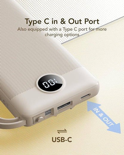 VRURC Portable Charger Power Bank,10000mAh Travel Essentials Battery Pack, 5 Outputs 2 Inputs Slim USB C Charging Bank Built-in Cables Cords Compatible with iPhone,Samsung,Android-Light Coffee(1 Pack)