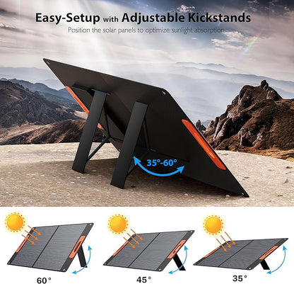 120W Portable Solar Panels for Power Station, Solar Angle Guide, Monocrystalline ETFE Foldable Solar Panel Charger with QC3.0 USB/Type-C, 20V DC Output Adjustable Kickstands for Camping RV Blackout