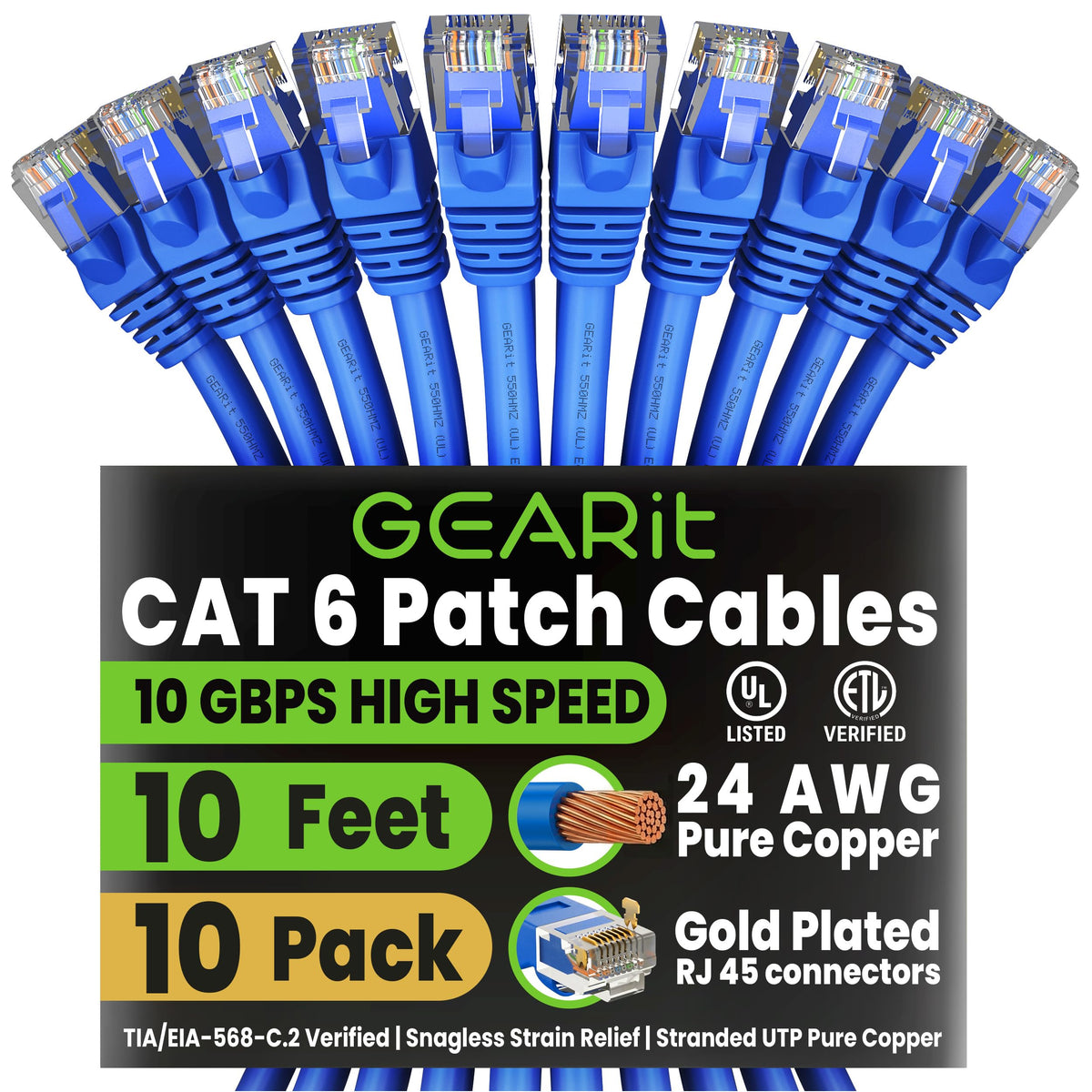 GEARit Cat6 Patch Cables Cat 6 Ethernet Cable 6 ft 10-Pack Green